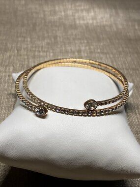 Swarovski Gold Tone Crystal Double Row Bracelet Flexible Bangle Modern
